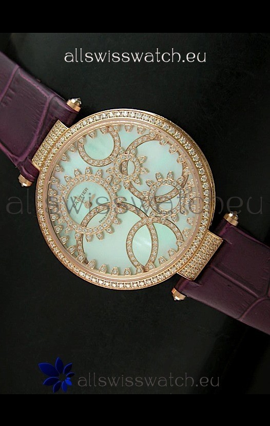 Cartier Replica Watch with Diamonds Embedded Dial Bezel in Gold Case/Maroon Strap