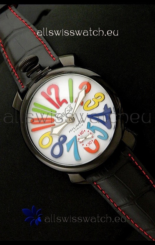 Gaga Milano Italy Japanese Replica PVD Watch in Black Leather Strap
