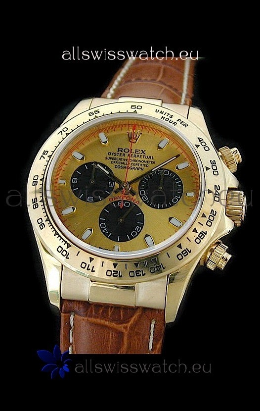 Rolex Daytona Cosmograph Swiss Replica Gold Watch in Brown Strap