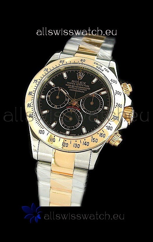 Rolex Oyster Cosmograph Swiss Replica Two Tone Gold Watch in Black Dial