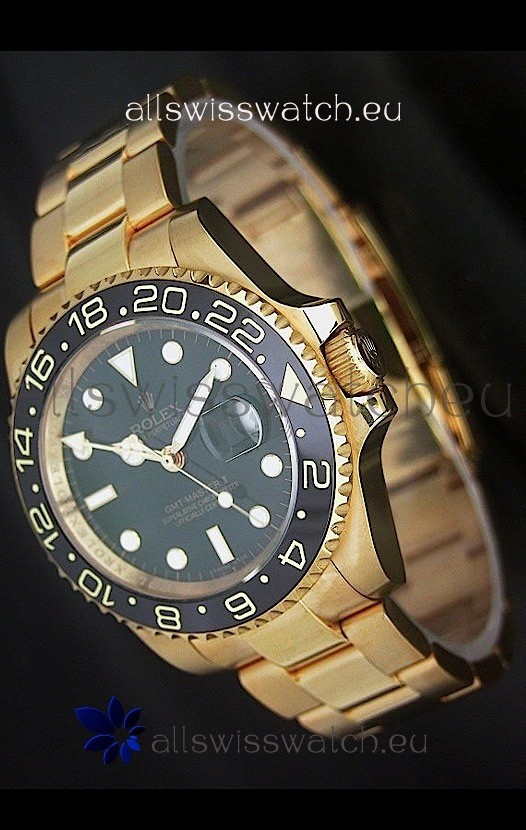 Rolex GMT Master II Swiss Replica Gold Watch in Black Dial