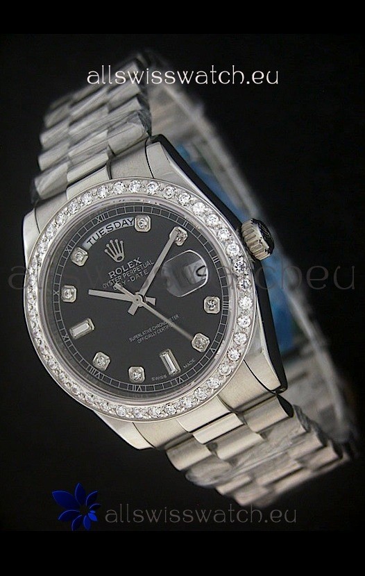 Rolex Day Date Just Japanese Replica Black Watch in Full Diamond Bezel