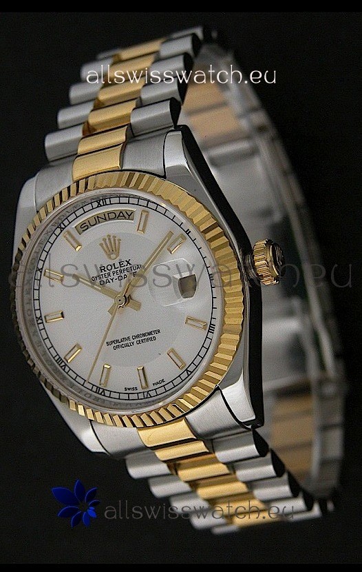 Rolex Day Date Just swiss Replica Two Tone Gold Watch in White Dial