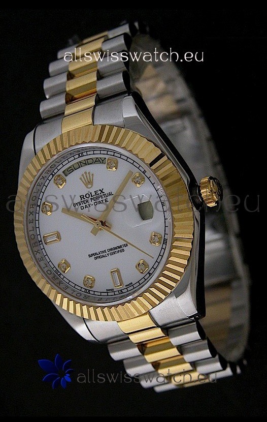Rolex Day Date Just Japanese Replica Two Tone Gold Watch in White Dial