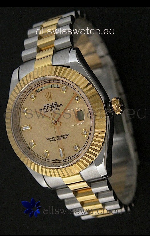 Rolex Day Date Just swiss Replica Two Tone Gold Watch in Golden Dial