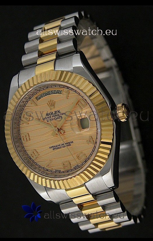 Rolex Day Date Just swiss Replica Two Tone Gold Watch in Golden Stripe Pattern Dial 