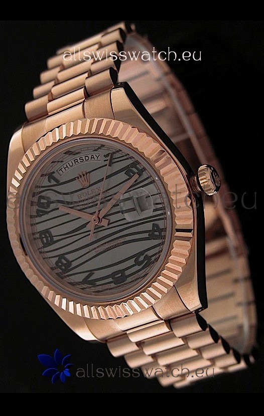 Rolex Oyster Perpetual Day Date Japanese Replica Pink Gold Watch in Waves Pattern Dial