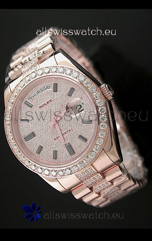 Rolex Day Date Swiss Automatic Rose Gold Watch in Ruby Stick Markers