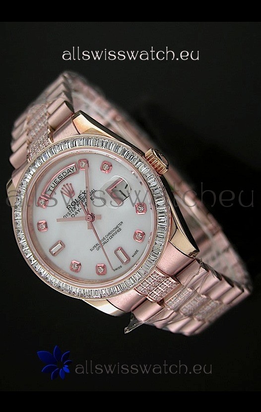 Rolex Oyster Perpetual Day Date Swiss Rose Gold Automatic Watch in White Mother of Pearl Dial