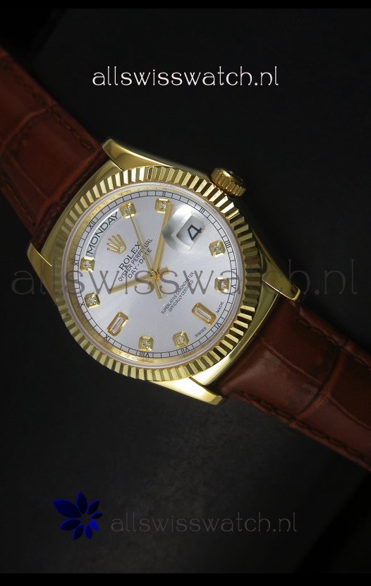 Rolex Day Date 36MM Yellow Gold Swiss Replica Watch - Silver Dial 