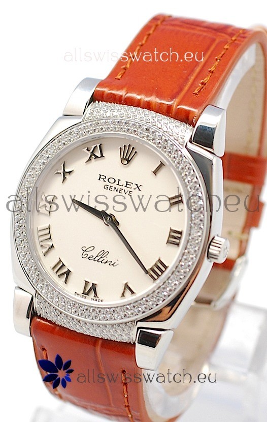 Rolex Cellini Cestello Ladies Swiss Watch Roman White Face Diamonds Bezel and Lugs