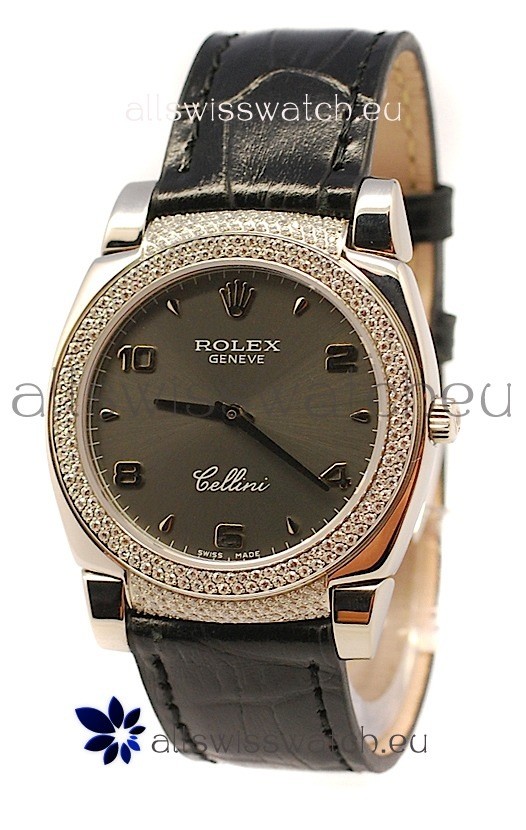 Rolex Cellini Cestello Ladies Swiss Watch in Matte Black Face Diamonds Bezel and Lugs
