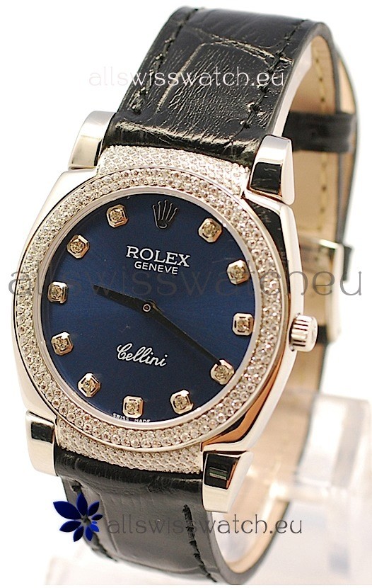 Rolex Cellini Cestello Ladies Swiss Watch in Dark Blue Face Diamonds Bezel and Lugs