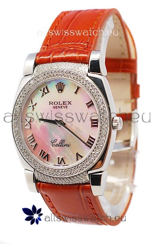 Rolex Cellini Cestello Ladies Swiss Watch White Pearl Roman Face Diamonds Bezel and Lugs