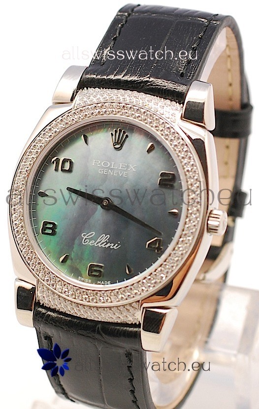 Rolex Cellini Cestello Ladies Swiss Watch in Black Pearl Face Diamonds Bezel and Lugs