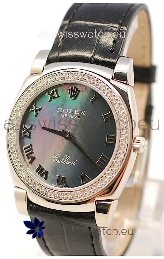 Rolex Cellini Cestello Ladies Swiss Watch in Black Pearl Face Roman Markers
