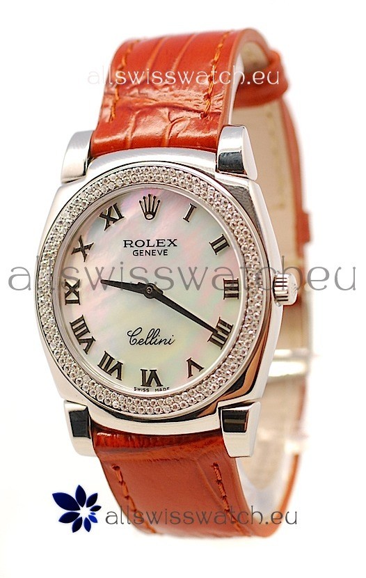 Rolex Cellini Cestello Ladies Swiss Watch White Pearl Roman Diamonds Bezel