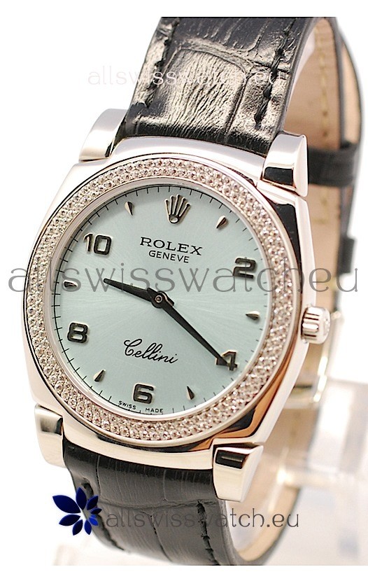 Rolex Cellini Cestello Ladies Swiss Watch in Blue Face Black Leather Strap Diamonds Bezel 
