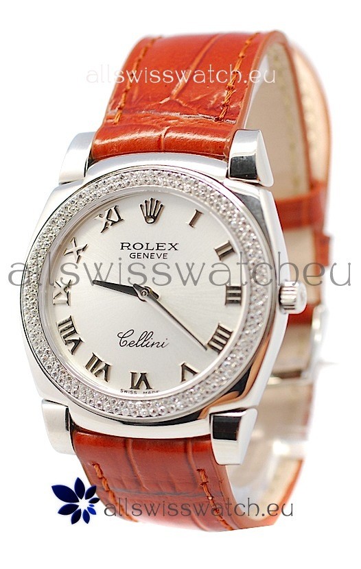 Rolex Cellini Cestello Ladies Swiss Watch Roman Silver Face Diamonds Bezel