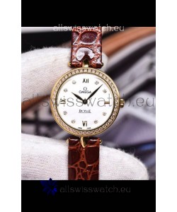 Omega De Ville Prestige Dewdrop Edition Swiss Quartz Watch in Rose Gold Brown Strap