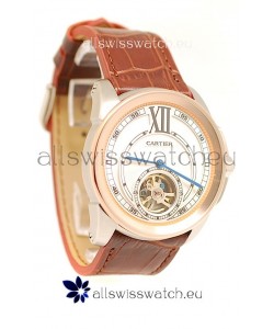 Calibre de Cartier Flying Tourbillon Japanese Replica Rose Gold Watch 
