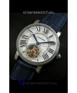 Cartier Ronde de Tourbillon Japanese Replica Diamond Watch in Blue Strap