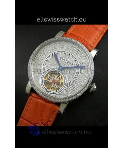 Cartier Ronde de Tourbillon Japanese Replica Diamond Watch in Orange Strap