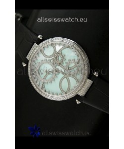 Cartier Replica Watch with Diamonds Embedded Dial Bezel in Steel Case/Black Strap