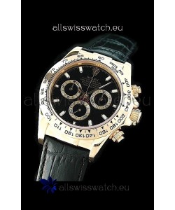 Rolex Daytona Cosmograph Swiss Replica Gold Watch in Black Leather Strap