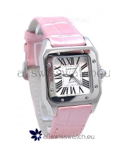 Cartier Santos 100 Japanese Ladies Replica Watch in Pink Leather Strap