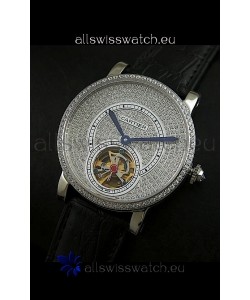 Cartier Ronde de Tourbillon Japanese Replica Diamond Watch in Black Strap