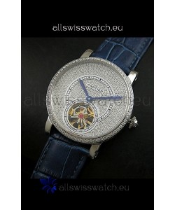 Cartier Ronde de Tourbillon Japanese Replica Diamond Watch in Blue Strap