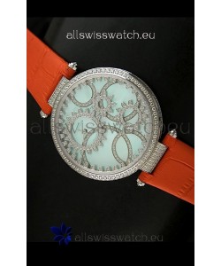 Cartier Replica Watch with Diamonds Embedded Dial Bezel in Steel Case/Orange Strap